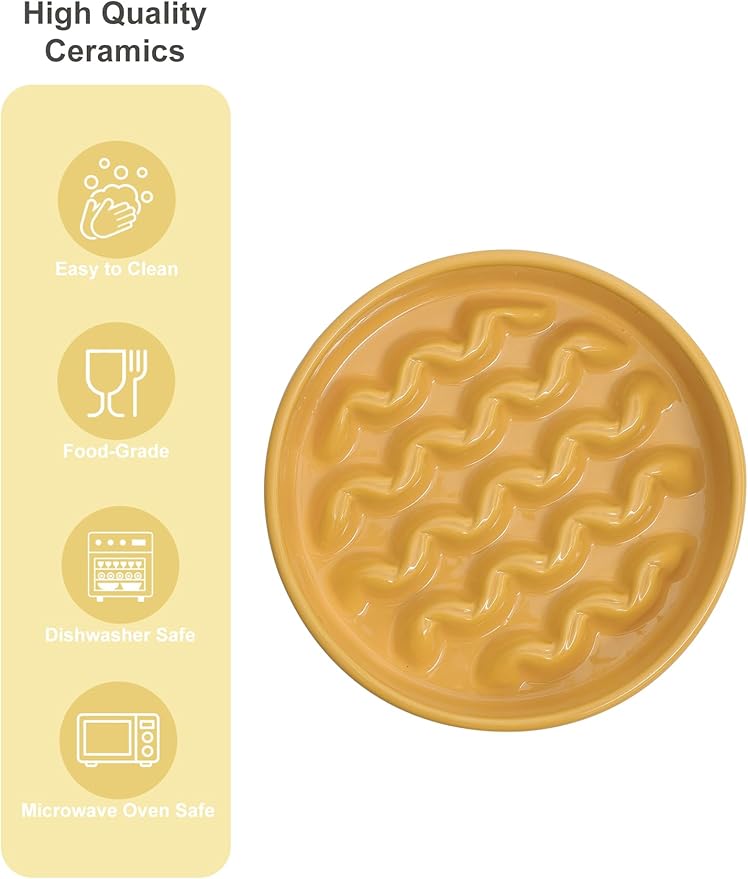 Ceramic Maze Dog Slow Feeder with Non-Slip Silicone Rim – Heavy-Duty Stoneware Bowl with Puzzle Pattern for Bloating & Obesity Prevention (Yellow-M)