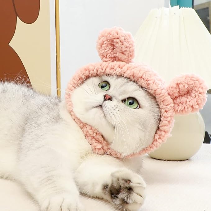 JOICEE Cute Cat Costume Warm Bear Hat Adjustable Soft Small Pet Headwear for Puppy Dog (Pink)