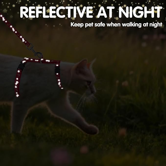 PAWCHIE Cat Harness with Leash and Collar Set - Escape Proof Adjustable H-shped Cat Harness with Star and Moon Pattern Glow in The Dark for Kitty Outdoor Walking