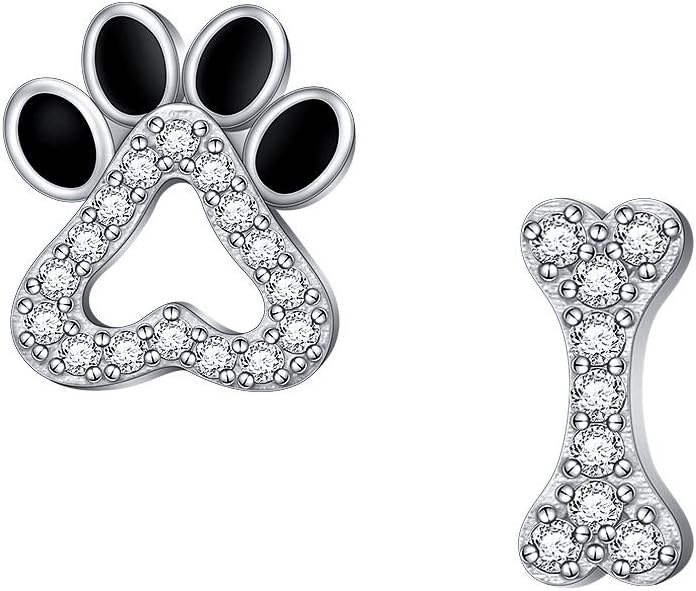 Paw Print Necklace Cat Puppy Paw Earrings Sterling Silver Hypoallergenic Dog Paw and Bone Friendship Cubic Zirconia Paw Set for Women Teen Girls