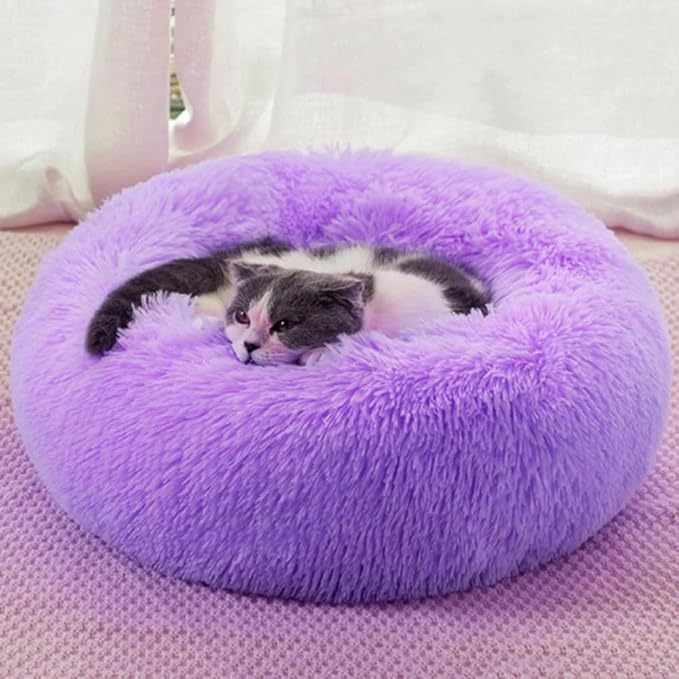 Cat Beds for Indoor Cats - Cat Bed Washable 20/24 inches, Dog Beds for Small Medium Dogs, Anti Anxiety Round Fluffy Plush Faux Fur Cat Bed, Thick Bottom (Purple, Medium)