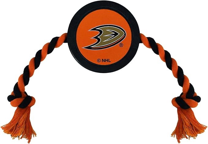 First Dog Puck Rubber Toy - Heavy-Duty Rope Tug for Dogs & Cats - Play Hockey with Your Pet - NHL Anaheim Ducks Licensed Toy