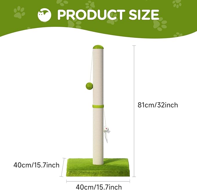 MeowHomm 32” Tall Cat Scratching Posts for Indoor Cats Adults with 2 Hanging Ball, Large Cat Scratch Post Cat Scratcher Includes Sisal Rope
