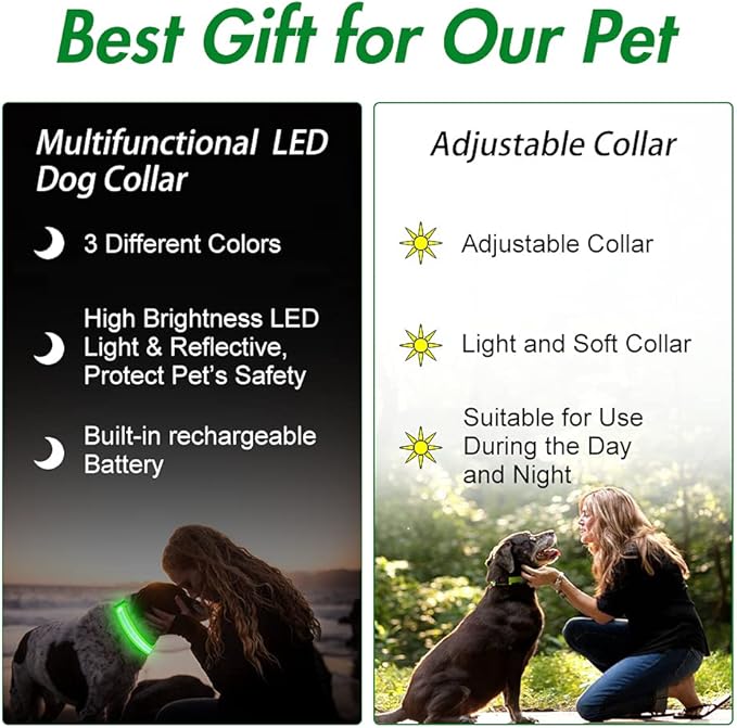 YFbrite Ultra Light Adjustable LED Dog Collar, Light up Dog Collars Rechargeable Glowing in The Dark Collars Visiblity & Safety for Small, Medium, Large Dogs (Green, Small)