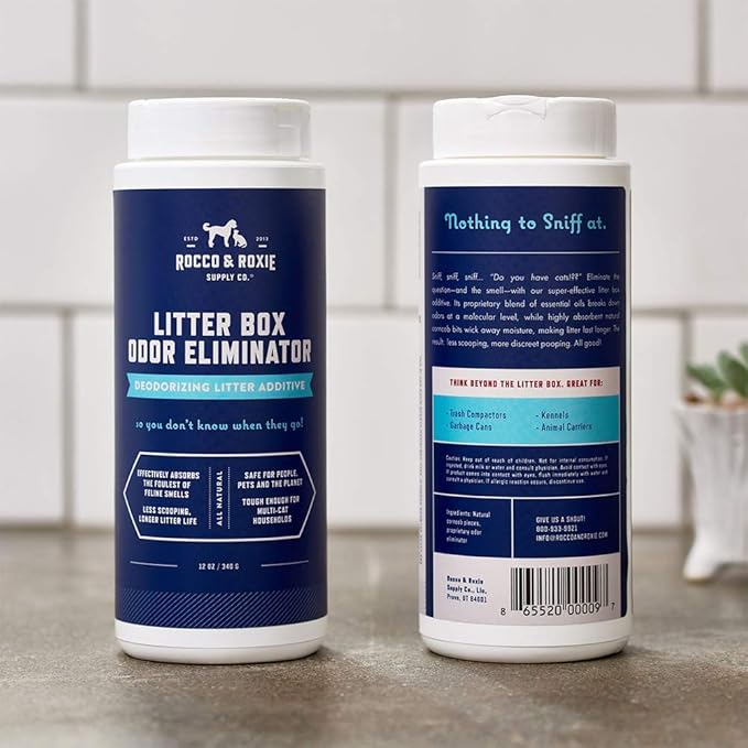 Rocco & Roxie Litter Box Odor Eliminator, Best Natural Urine Deodorizer, Cat Box Deodorizer, Smell Control, Odor Absorber, Safe for Kitty, 12 oz