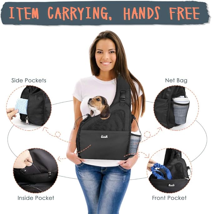 SlowTon Pet Dog Sling Carrier, Hands Free Hard Bottom Papoose Small Animal Puppy Up to 6 lbs Travel Bag Tote Breathable Mesh Support Adjustable Padded Strap Pocket Safety Belt Machine Washable