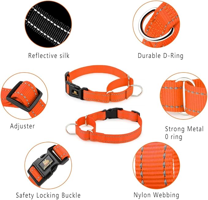PLUTUS PET Reflective Martingale Collar with Quick Snap Buckle,No Pull Dog Choker Collar for Small Medium Large Dogs,M,Orange
