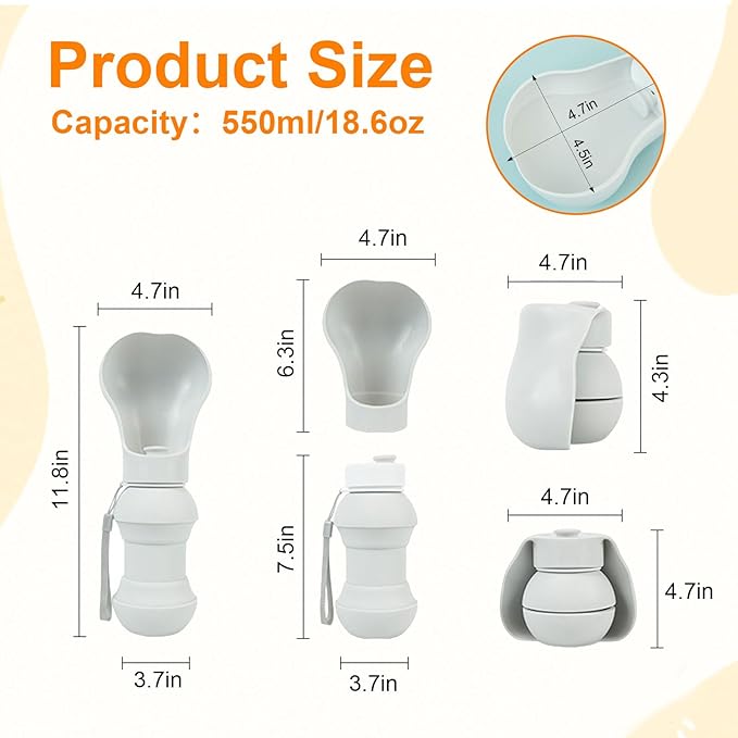 Dog Water Bottle Portable,Collapsible Food Grade Silicone,Travel Dog Water Bottle for Outdoor Walking, Hiking, Camping,Water Dispenser with Folding Bowl,Gray