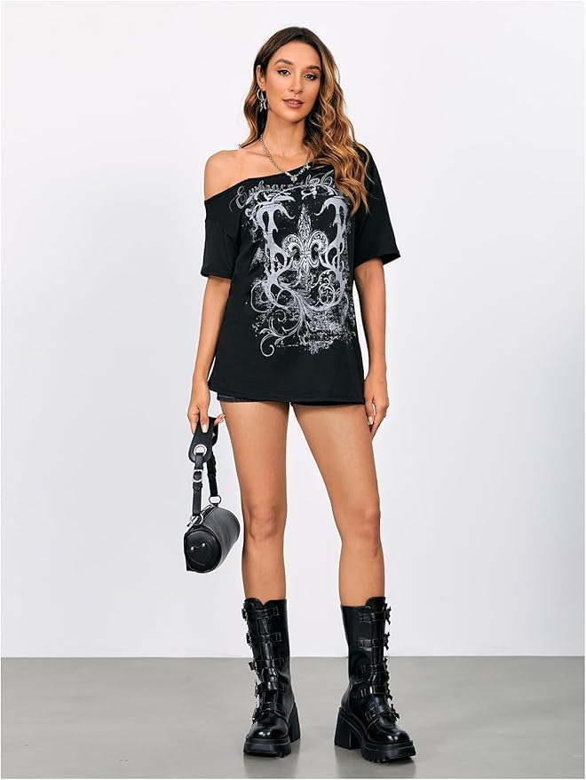 SOLY HUX Women's Off The Shoulder Tops Graphic Tees Y2k Vintage Gothic Oversized T Shirts Streetwear