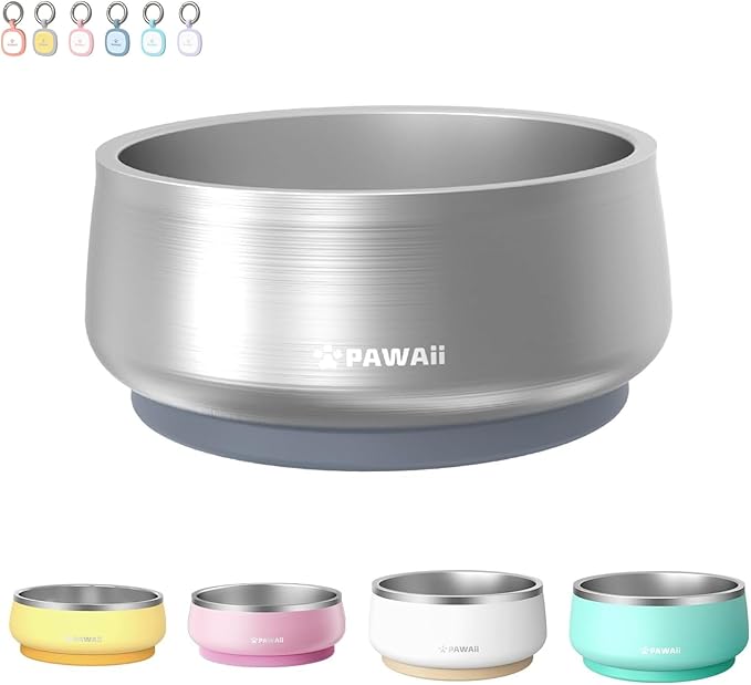 Pawaii Stainless Steel Dog Bowl with Non-Slip Rubber Base & Double Wall Insulation - Durable Design | Includes ID Tag | Dishwasher Safe Food & Water Bowl for All Dogs (34oz)