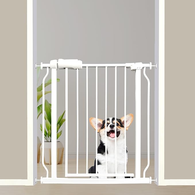 29-34 Inch Baby & Dog Gate, Pressure Mounted Auto Close, Walk Through Safety Gate for Narrow Stairs & Hallways, White Heavy-Duty Metal - Kids & Pets
