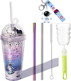 Space Cups with Straw Astronaut Travel Tumblers Party Cups Ice Coffee Mug Water Bottle Birthday Gift (spacewalk, 420 ml)