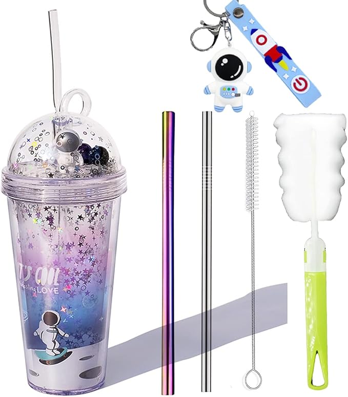 Space Cups with Straw Astronaut Travel Tumblers Party Cups Ice Coffee Mug Water Bottle Birthday Gift (spacewalk, 420 ml)