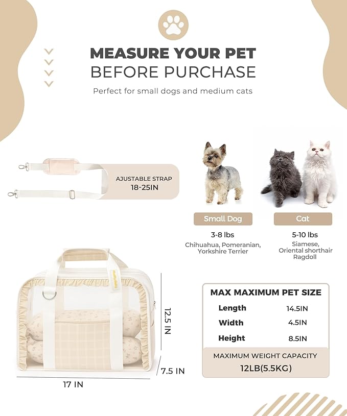 Pet Carrier for Medium Cats, Dog Carrier with Soft-Sided Cat Carriers, Breathable Mesh for Small/Medium Cats Dogs Puppies (Up to 13lbs), Foldable with Safety Buckle for Travel - Beige