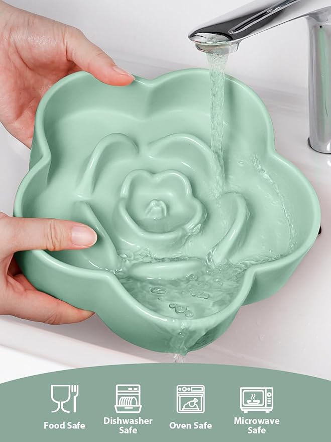 Ceramic Slow Feeder Dog/Cat Bowl, Anti-Choking Food Bowl, 8" 11.3oz for Medium, Large Breeds, Plum Puzzle Design, Non-Slip Silicone, Dishwasher and Microwave Safe, Green