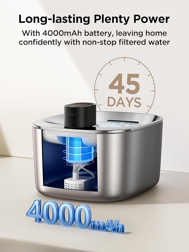 Wireless Cat Water Fountain Stainless Steel with Sensor, 4000mAh Battery Operated, 4L/135fl oz Pet Water Fountain for Cats Dogs, Ultra Quiet Cat Drinking Fountain with 2 Filters (YPD-C004S)