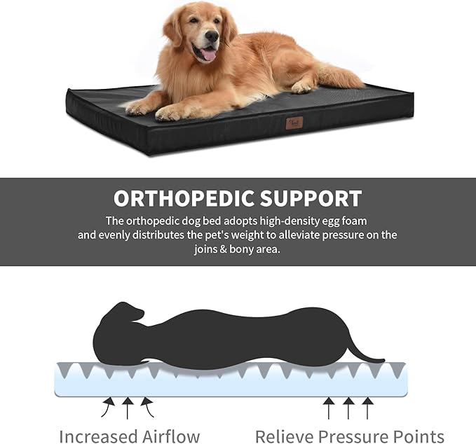 Outdoor Large Dog Bed, Waterproof Dog Bed for Large Dogs, Egg Crate Foam Pet Bed with Removable Washable Oxford Cooling Cover, Black