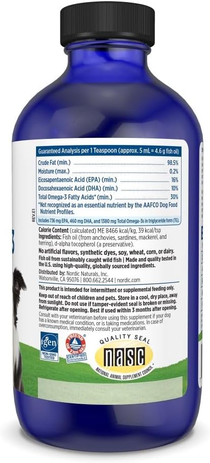 Nordic Naturals Omega-3 Pet, Unflavored - 8 oz - 1380 mg Omega-3 Per Teaspoon - Fish Oil for Medium to Large Dogs with EPA & DHA - Promotes Heart, Skin, Coat, & Immune Health
