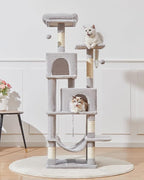 Taoqimiao Cat Tree, 61-Inch Cat Tower for Indoor Cats, Plush Multi-Level Cat Condo with 5 Scratching Posts, 2 Perches, 2 Caves, Hammock, 2 Pompoms, Light Gray MS013SW
