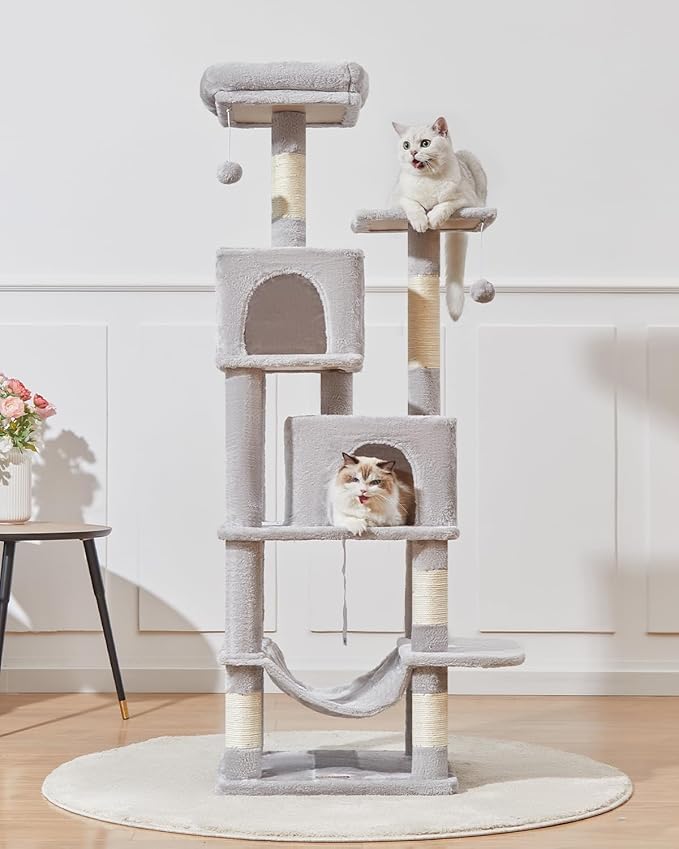 Taoqimiao Cat Tree, 61-Inch Cat Tower for Indoor Cats, Plush Multi-Level Cat Condo with 5 Scratching Posts, 2 Perches, 2 Caves, Hammock, 2 Pompoms, Light Gray MS013SW
