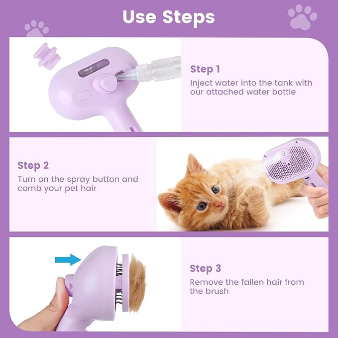 3 in 1 Cat Steam Brush, Pet Spray Hair Removal Comb for Shedding & Grooming, Water Brush for Cats Dogs Small Animals Long Short Haired with One-Click Release Button(Purple)