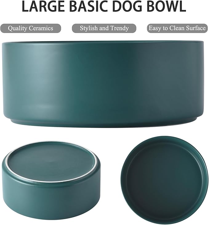8'' Ceramic Raised Dog Bowl - 70Oz Dog Food & Water Bowl with Elevated Non-Slip Bamboo Stand, Dishwasher & Microwave Safe, Anti Vomiting Heavy Duty Pet Bowl for Medium and Large Dogs, Green