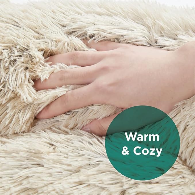 Friends Forever Serena Donut Memory Foam Orthopedic Dog Bed, Soft Faux Fur Oval Cat Couch For Indoor Pet, Fluffy Calming Plush Shag, Round Bolster Cushion, Machine Washable Cuddler, Tan, 36"x27"x7.5"