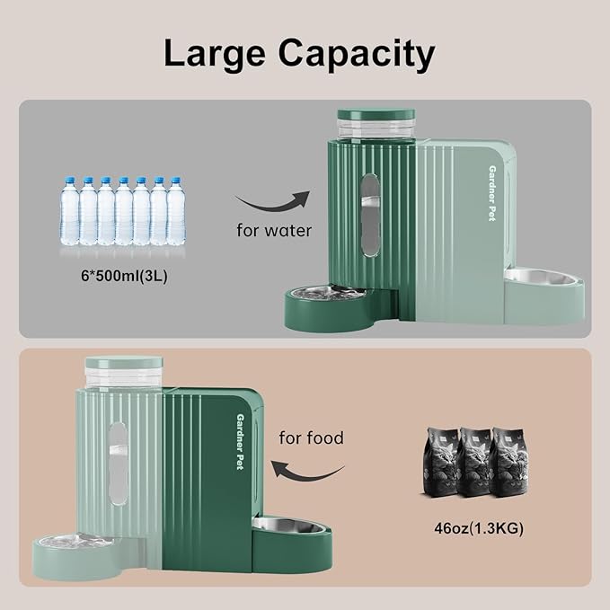 Gardner Pet Automatic Gravity Pet Feeder, 0.8 Gallons*2 Dog Feeder and Water Dispenser Set 100% BPA-Free, 2-in-1 Gravity Feeder with Stainless Steel Bowl for Dogs, Cats, Rabbits, Puppies (Green)