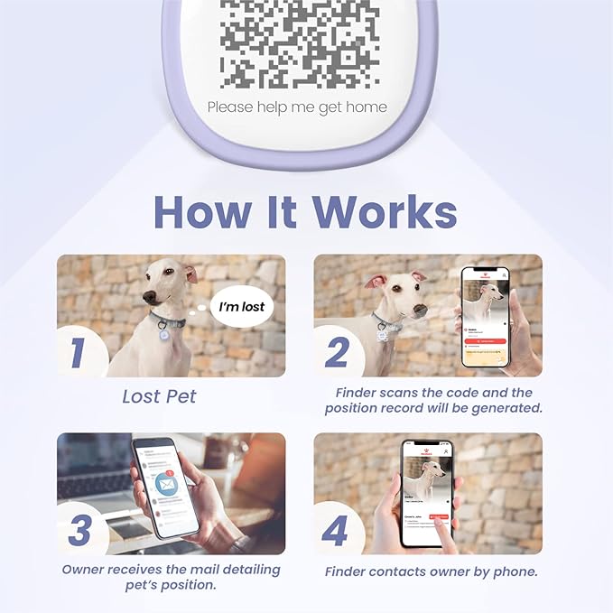 Pawaii QR Code ID Tag, Silent Silicone Dog Tag, Modifiable Pet Online Profile, Scan QR Receive Instant Pet Location Alert Email, 1Pack (Purple)