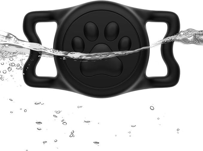 IP68 Waterpoof Dog Air tag Holder, Stretchy Silicone Full Body Covered Apple Air Tag Holder for Dog Cat Collar Fit All Width Collar (Black1, 1 Pack)