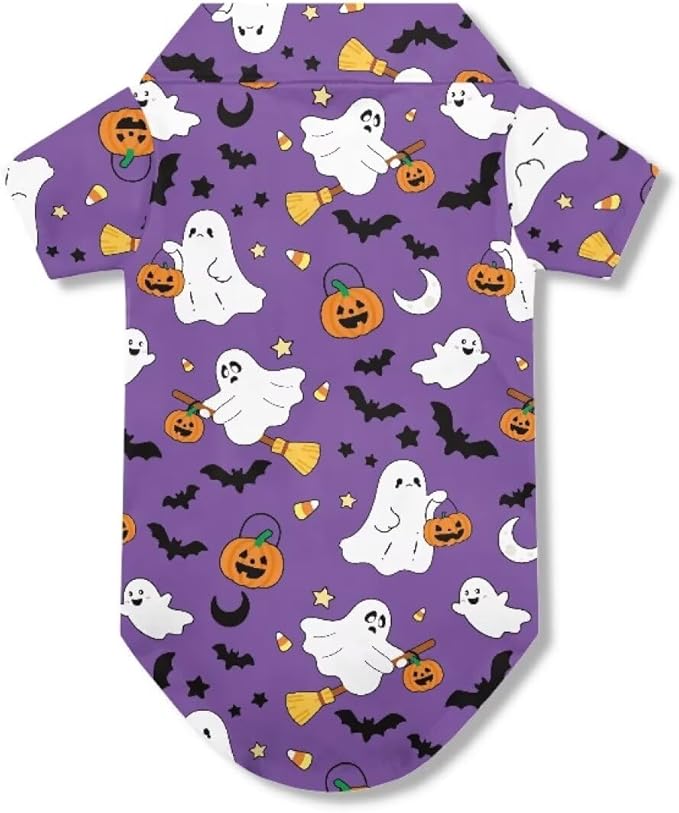 Halloween Ghost Dog Shirts for Medium Dogs Girls Boys Cat Collared Polo T-Shirts Breathable Doggy Sweatshirt Summer Button Up Collar Puppy Clothes Casual Wear for Hot Weather