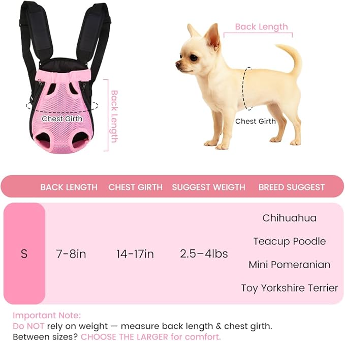 Dog Backpack Carrier, Thick Straps & Cushion, Pet Sling Front Backpacks for Small Medium Dogs 2.5-4 Lbs, Legs Out, Adjustable Wearable Puppy Chest Travel Bag, Easy-Fit for Hiking/Walking/Camping