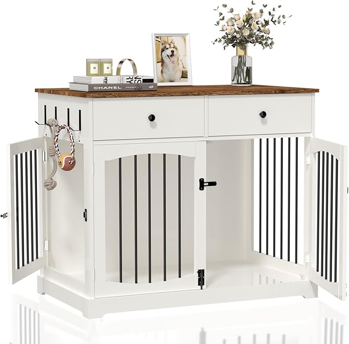 BREEZEHEAT 40 inch Dog Crate Furniture-Farmhouse Dog Kennel with Drawers-End Table Wooden Pet Crate, Double Door Design, Decorative Dog House Indoor for Small Medium Large Dog, White