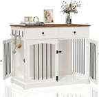 BREEZEHEAT 40 inch Dog Crate Furniture-Farmhouse Dog Kennel with Drawers-End Table Wooden Pet Crate, Double Door Design, Decorative Dog House Indoor for Small Medium Large Dog, White