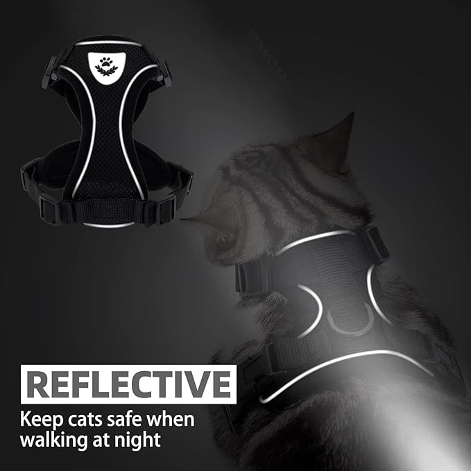 PUPTECK Cat Harness and Leash Set Escape Proof Reflective Cat Walking Harness Adjustable Soft Breathable Mesh Vest for Small Pets, Black, XS