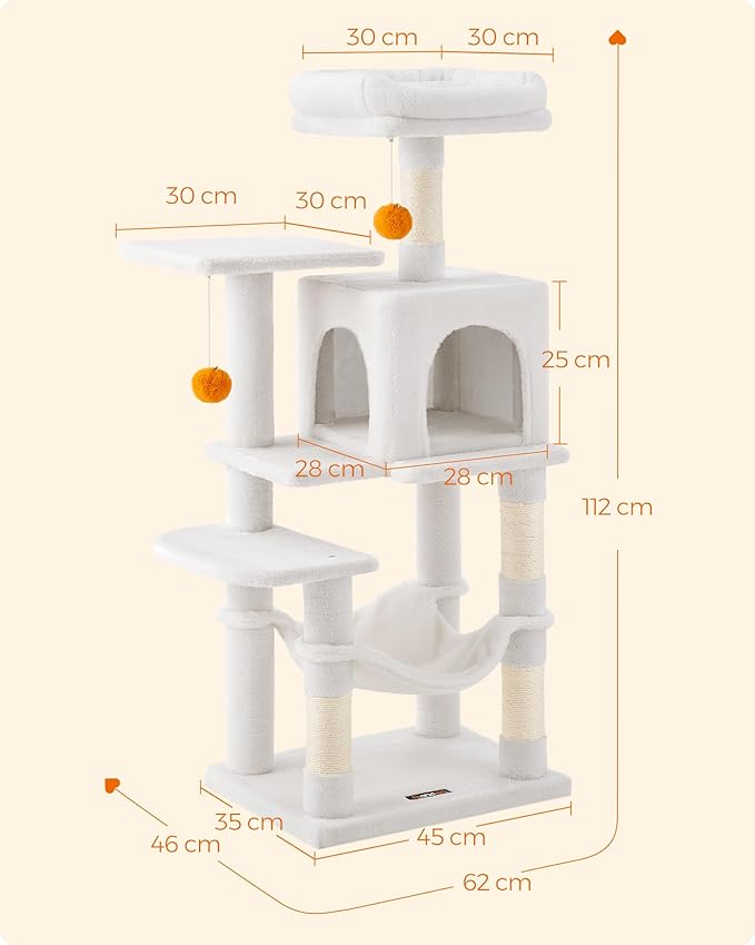Feandrea Cat Tree, 44.1-Inch Cat Tower for Indoor Cats, Multi-Level Cat Condo with 4 Scratching Posts, 2 Perches, Hammock, Cave, Cream White UPCT261T01