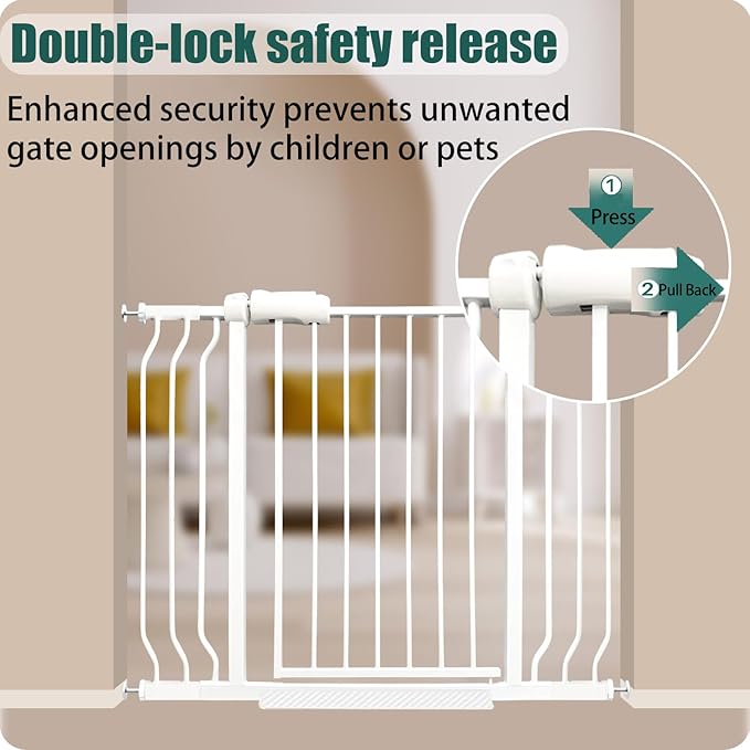 38.5-43.5 Inch Extra Wide Baby & Dog Gate, Pressure Mounted Walk Through, Heavy-Duty Safety Gate for Doorways & Stairs, White Metal with Extension Kit