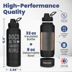 Dog Water Bottle for Dog Lovers - 32 oz Stainless Steel Double Wall Insulated Water Bottle with 8 oz Detachable Bowl on Bottom- Doggy Lover Gift for Hiking, Walks, Travel - “Favorite People” Black