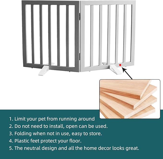 ZJSF Freestanding Indoor Dog Gate for House Foldable Wood Puppy Gate for Doorways Pet Gate for Stairs Extra Wide Pet Fence, Grey, 24" Height 2 Panels