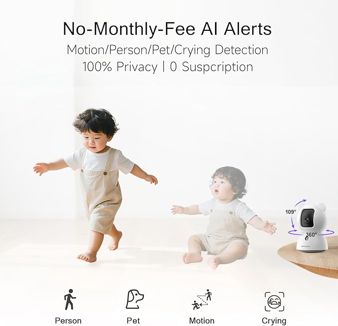 2.5K Indoor Camera 2pack, Non-Subscription AI Person/Pet/Cry Detection, 4MP Pet/Dog/Cat/Baby Camera w/Phone App, Pan Tilt 2.4GHz WiFi Cameras for Home Security, Night Vision, Full Duplex 2-Way Audio