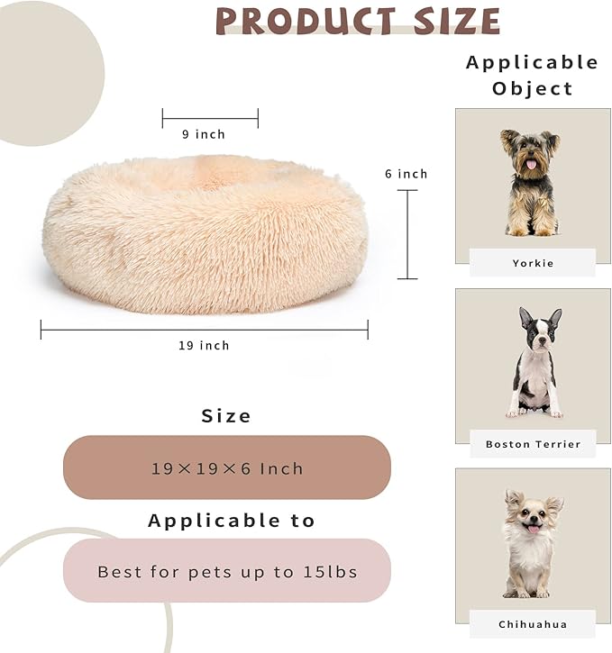 Light Brown Dog Bed Small,Calming Dog Bed for Small Dogs,20 inches Donut Fluffy Pet Beds,Anti Anxiety Round Fits up to 10 lbs Soft Warm Pets Beds for Puppy Dogs Indoor