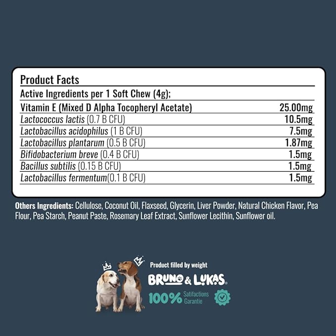 Bruno & Lukas Probiotics Treats for Dogs Support Gut Flora Health Diarrhea Digestive Itchiness Bowel Aid – Dog Supplement for Pet Immune System – Tasty Alternative Chicken Liver Flavor (90 Chews).