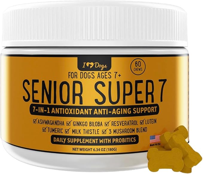 iHeartDogs Senior Super 7 Daily Dog Multivitamin - 7-in-1 Vitamin for Dogs Supports Anti-Aging with Antioxidants, Probiotics, Lion's Mane, Turkey Tail, & Ashwagandha for Longevity & Cognitive Boost