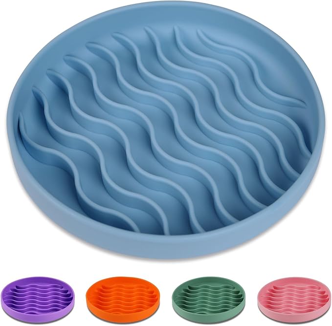 Slow Feeder Dog Bowls, Silicone Food Bowl Anti-Gulping, Pets Puppy Slow Feeder with Suction Cups, Dishwasher Microwave Safe for All Small Medium Dogs, Wave Design Blue
