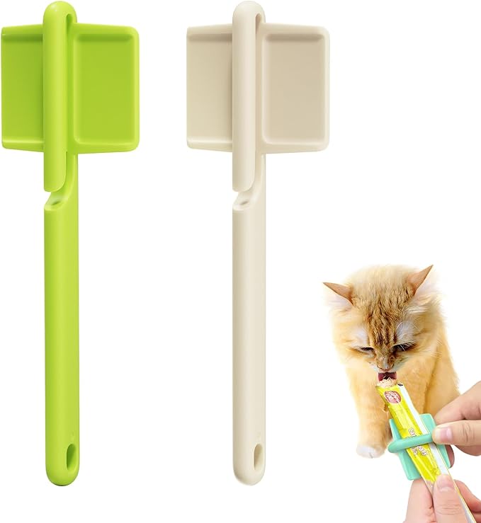 2pcs Cat Strip Feeders, Kitten Strip Squeeze Spoon for Wet Food and Liquid Snack, Cat Lickable Puree Treat Food Dispenser Pet Food Mixing Spoon Feeding Scoop for Pets (Green and White