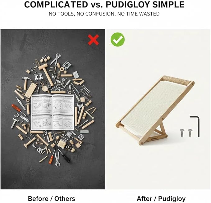 Cat Scratcher with Ramp, 22-inch Natural Sisal & Solid Wood, Tool-Free 2-Step Assembly, Stable Triangle Base for Indoor Cats (Brown)