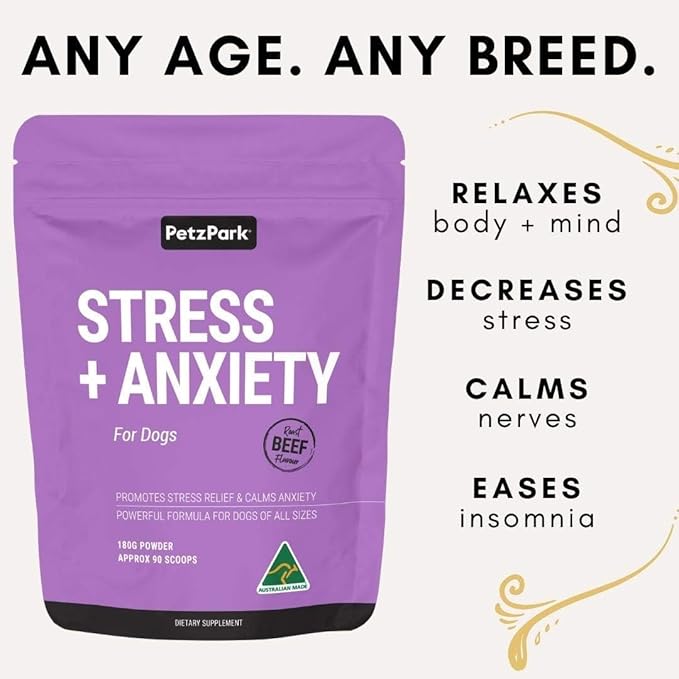 Stress and Anxiety Supplement for Dogs - Calming Dog Powder Supplement - Decreases Stress, Calms Fear & Anxiety, Eases Aggression & Insomnia, Relaxes Body and Mind - Beef Flavour - 6.4oz - 90 Scoops