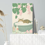 Vintage Tabby Cat in Bathtub Wall Art Funny Japanese Poster Print Relaxation Decor Cute Animal Pet Canvas Neutral Japan Painting for Bathroom Dorm Living Room Home Aesthetic 16x24inch Framed