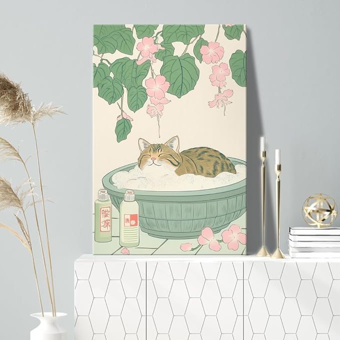 Vintage Tabby Cat in Bathtub Wall Art Funny Japanese Poster Print Relaxation Decor Cute Animal Pet Canvas Neutral Japan Painting for Bathroom Dorm Living Room Home Aesthetic 20x30inch Framed