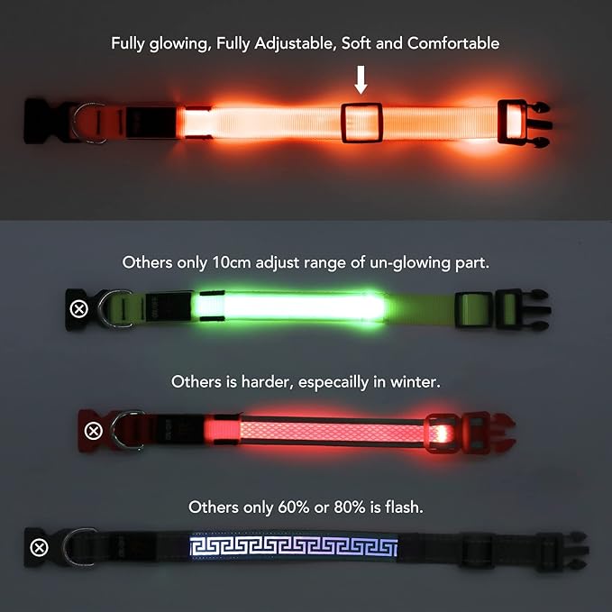 LED Dog Collar - Adjustable, Waterproof, Glow in Dark for Night Walking, Medium Large Dogs